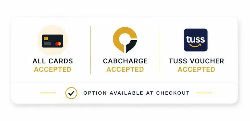 Cabcharge, TUSS voucher, Subsidy vouchers, And all cards Accepted.